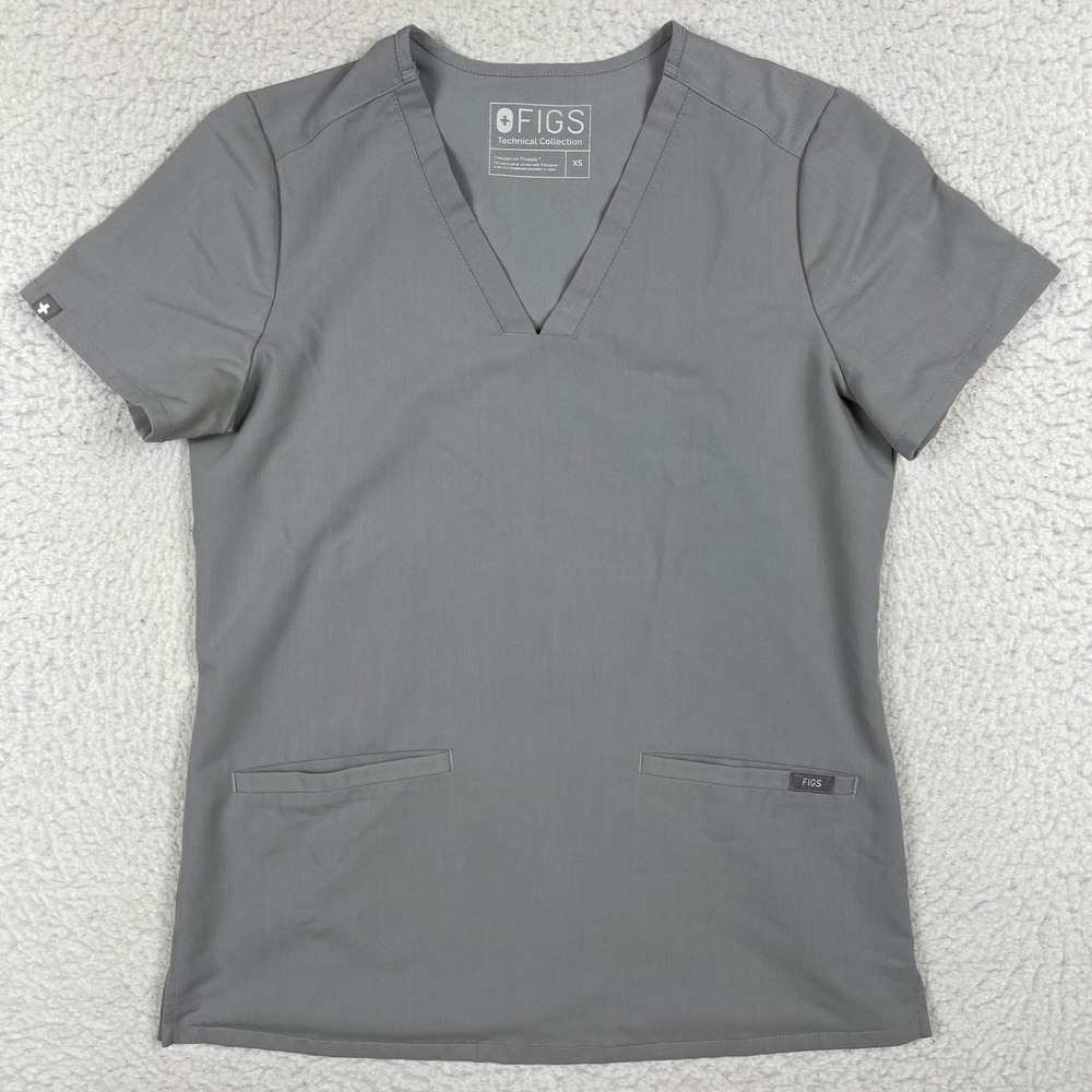 Figs Scrub Top Women XS Gray Technical Collection V-Neck Short Sleeve Workwear
